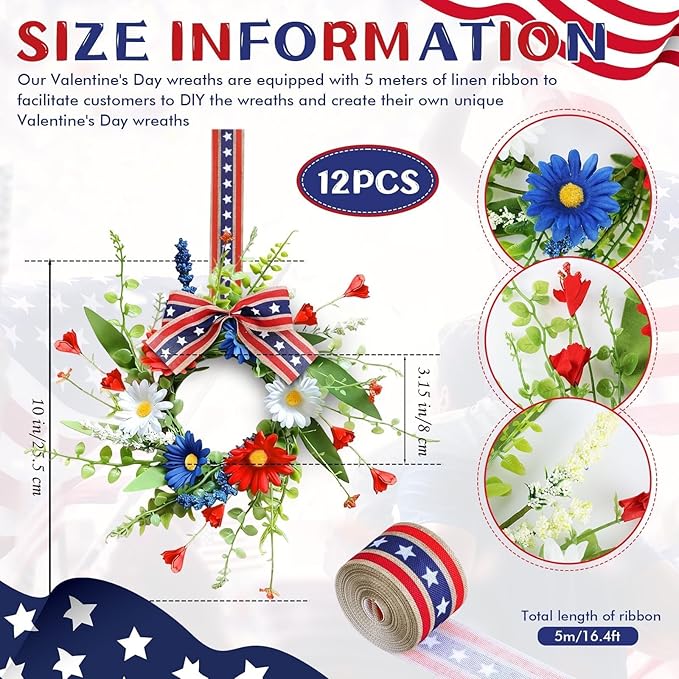 12 Pcs Mini Patriotic American Kitchen Cabinet Wreaths Small 4th of July Floral Swag Wreath for Front Door with Ribbon Daisy July Independence Day Hanging Wreath for Porch Wall Farmhouse Decor