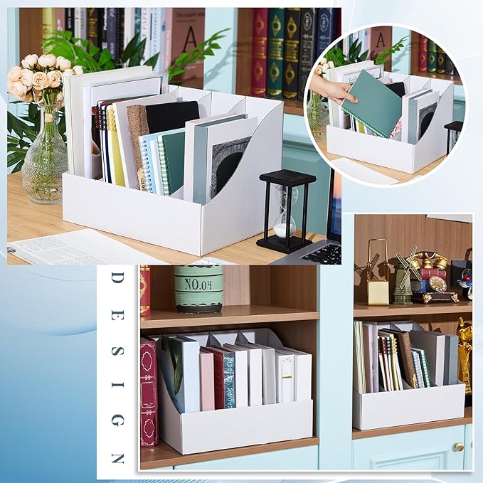 6 Pack Cardboard Magazine File Holders 24 Grids Vertical Book Bins 10.6'' x 10.2'' x 14'' Magazine Document Storage Box for Desk Shelves Home Office Classroom Library Use (White)