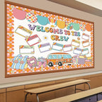 Pajean Welcome to The Crew Bulletin Board Set Groovy Back to School Classroom Decorations Retro Hippie Name Tags Cutouts with Groovy Daisy Borders for Door Wall Chalkboard Decor Preschool Supplies