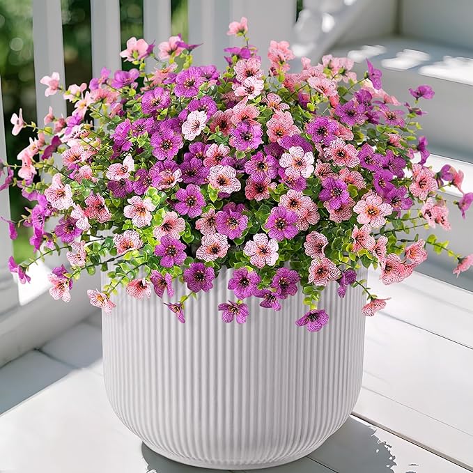 Artificial Fake Plants Flowers for Outdoor Spring Decor, 12 Bundles Faux Silk Mums for Planter Pot Colorful UV Resistant Look Real for Front Door Porch Patio Outside Yard(Purple Pink)
