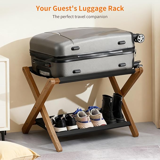 Heybly Luggage Rack, Folding Suitcase Stand with Storage Shelf, Heavy-Duty Luggage Holder for Guest Room Bedroom Hotel, Holds up to 165 lb, Walnut, HLR010WB2