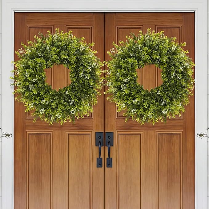 28'' Large Boxwood Wreath for Front Door Porch Window Artificial Boxwood Leaves with White Seed Greenery Outdoor Indoor Wreath for Home Farmhouse Wall Decor Spring Summer Fall All Seasons (Green)