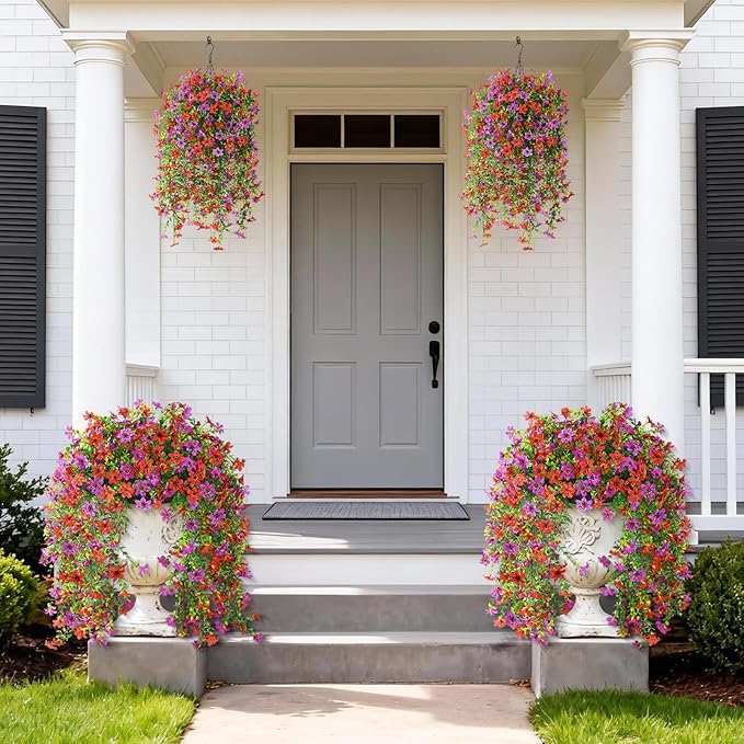 Artificial Hanging Flowers for Outdoors, 2 Pcs Fake Hanging Plant Spring Summer Decor, UV Resistant No Fade Realistic Faux Flower for Front Door Porch Planter Patio Garden Yard(Red Purple)