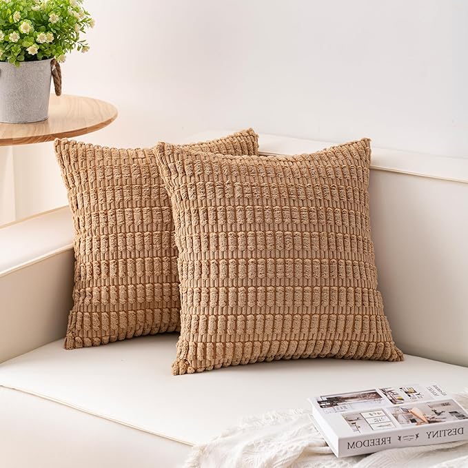 Aegero Pack of 2 Corduroy Decorative Throw Pillow Covers 24x24 InchSoft Striped Pillow Covers Modern Farmhouse Home Decor for Sofa Living Room Couch Bed（Coffee）