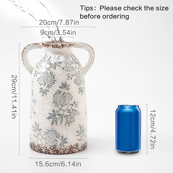 Enra Tall Vintage Blue and White Ceramic Vase with Handle, 11.2 Inch Chinoiserie Decorative Floral Vase, Large Rustic Ceramic Vase for Living Room, Office, Bookshelf, Home Decor