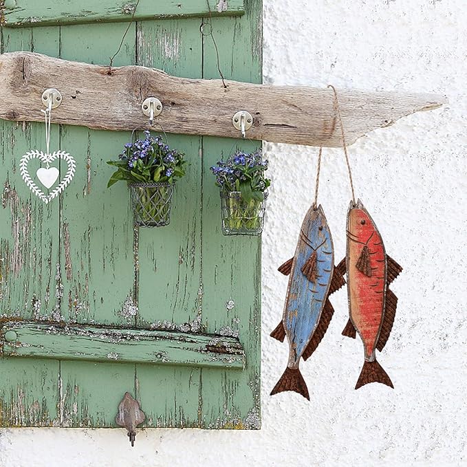 Antique Wood Fish Decor Decorative Wooden Hanging Fish Nautical Indoor Outdoor Decorations Wall Art Ornament (Set of 2)