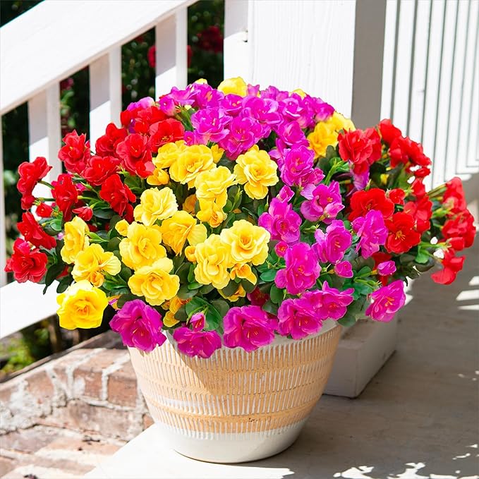 HyeFlora Artificial Fake Camellia Flowers Plants for Outdoor Outside Spring Summer Decor, Faux Silk Mixed UV Resistant Look Real Flowers for Planter Front Door Porch Patio Balcony, 3 Large Bundles