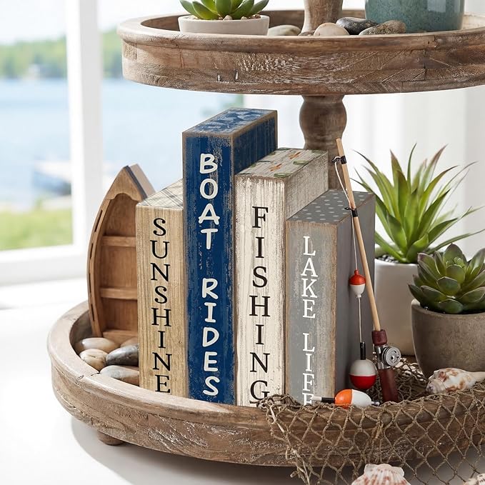 Lineshading 4 Pcs Summer Lake House Decor Stacked Wooden Block Set with Lake Life Boat Rides Fishing Sunshine Blue White Summer Table Decor Wooden Book Signs for Fishing & Boating Lovers Gifts