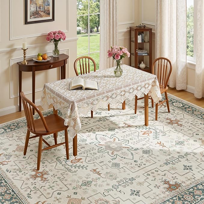 Lessymo Washable Area Rug 9x12 for Living Room, Cream Green Large Rugs for Bedroom Dining Nursery Room, Soft Non-Slip Vintage Floral Oushak Carpet, Boho Tribal Farmhouse Decor