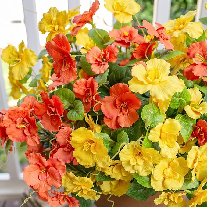 Fake Hibiscus Artificial Flowers for Outdoors Spring Summer Decoration, 6 Bundles Silk Hibiscus Flowers Bouquet UV Resistant Look Real Faux Plants for Outside Planter Front Door Porch Balcony, 2MixHC