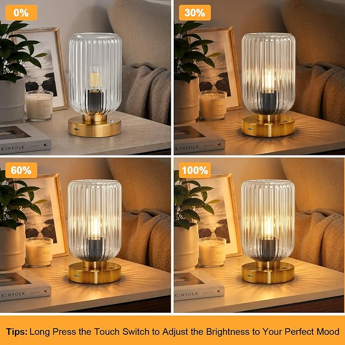 Touch Table Lamp for Nightstand - Small Bedside Lamps for Night Stands Bedroom Living Room, Dimmable Rechargeable Desk Lamp Battery Operated with Clear Glass Shade, Bulb Included