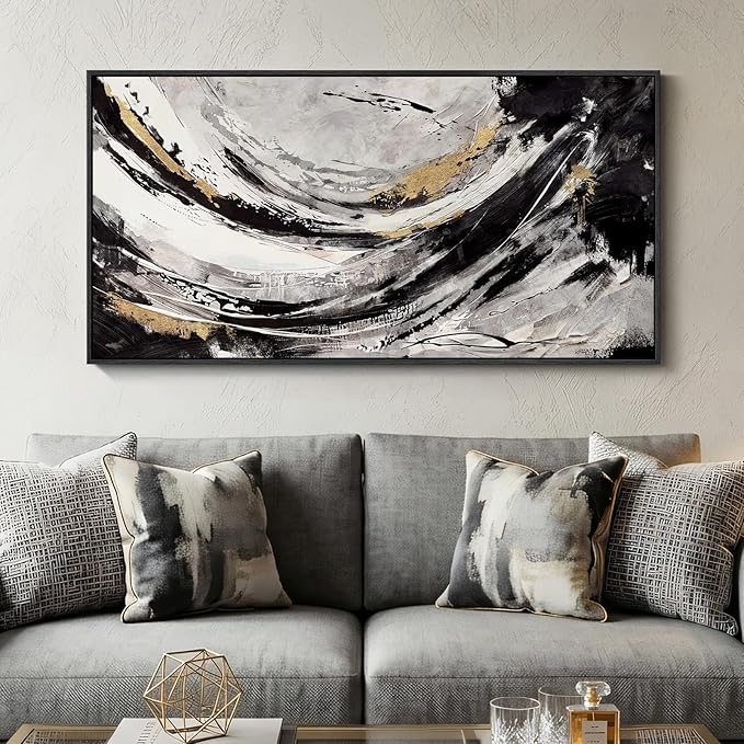 Large Framed Abstract Wall Art for Living Room, Horizontal Black Gold and White Canvas Painting Print Artwork for Walls, Modern Neutral Minimalist Pictures for Bedroom Office Wall Decor, 30x60 In