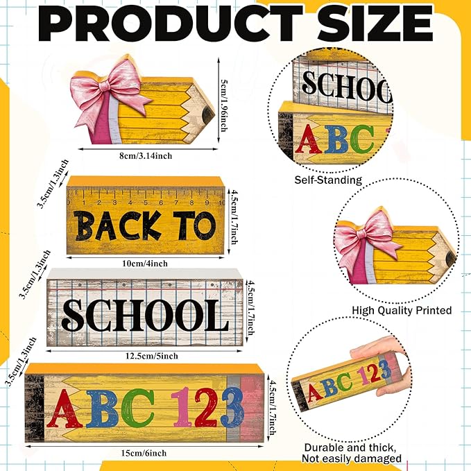 Lineshading 4 Pcs Back to School Table Decorations Wooden Pencil Stacked Block Decor, "ABC 123" Signs with Pencil Topper, Rustic Back to School Tiered Tray Decoration for Home Classroom Teacher Desk