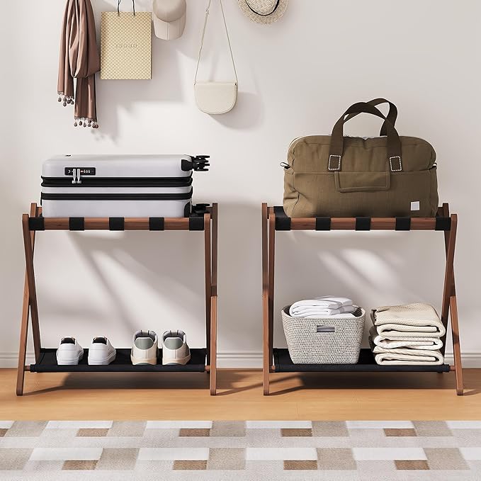 26.77" Full Assembled Luggage Rack for Guest Room, Set of 2 Bamboo Foldable Suitcase Stand, Bedroom & Hotel, Folding Luggage Holder with 5 Nylon Straps, 600D Oxford Fabric Shelf Walnut