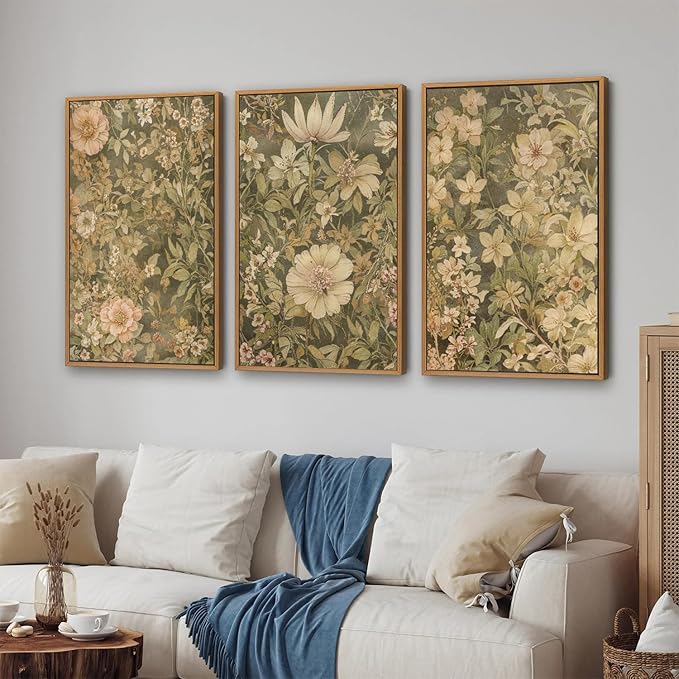 SIGNINART Vintage Floral Framed Canvas Wall Art Set of 3, Mid Century Modern Wildflower Wall Decor, Neutral Botanical Artwork, Retro Plant Art Prints for Bedroom, Living Room, Office 16"x24"