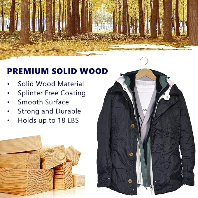 Amber Home 30 Pack Wooden Coat Hangers, Natural Wood Suit Hangers with Non-Slip Pant Bar, Clothes Hangers for Closet Organization, Shirts, Jackets, Dresses, and Pants (Natural, 30)