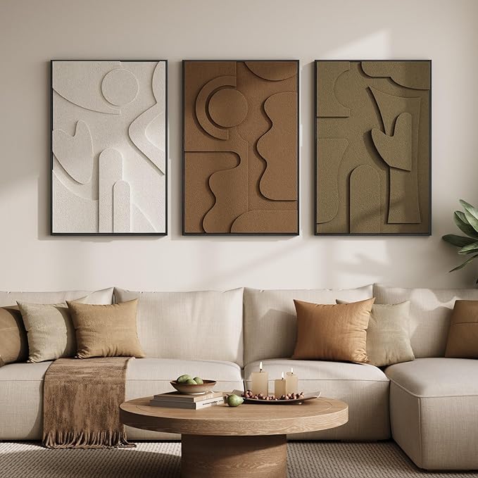 Large Framed 3D Textured Abstract Wall Art for Living Room, 3 Piece Modern Geometric Pictures Wall Decor, Neutral Minimalist White Brown Paintings for Bedroom Dining Room Hallway Office, 24x36 In