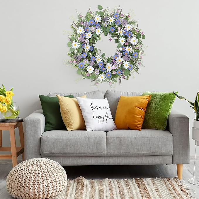 Sggvecsy Spring Wreaths for Front Door 22 Inch Artificial Blue Purple Daisy Wreath Floral Summer Wreaths with Lavender Wild Flower Greenery Leaves for Farmhouse Home Wall Indoor Outdoor Window Decor
