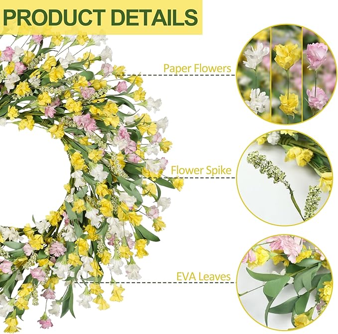 Artgar Front Door Wreath 24 Inch Spring/Summer Wreaths for Front Door, Front Door Wreaths for All Seasons for Indoor Outdoor Home Office Wall Window Wedding Farmhouse Holiday Decor (Yellow)