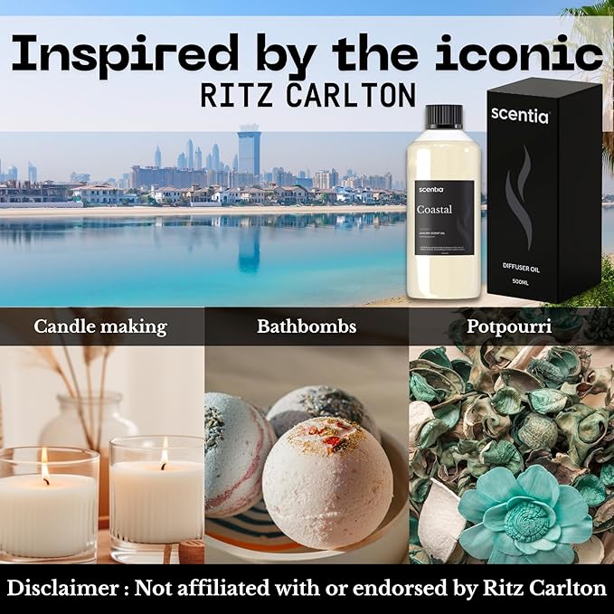 Scentia Hotel Diffuser Oil Inspired by 5-Star Hotel Scent - 500 ml 16.9 fl oz - Fragrance Oil Blend Jasmine, Bergamot Notes for Aromatherapy Diffusers and Humidifiers - Coastal, Thanksgiving Gift