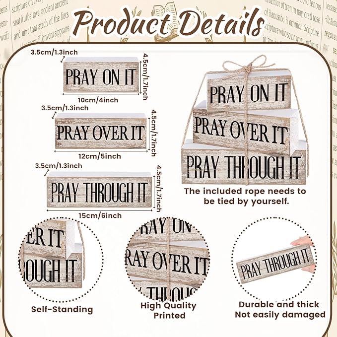 Yuntau 4 Pcs Farmhouse Wooden Tabletop Decor Bible Verse Tiered Tray Decorations Rustic Religious Christian Gift Block Sign Pray on It Centerpiece for Easter Home Kitchen Shelf Office Desk Decor