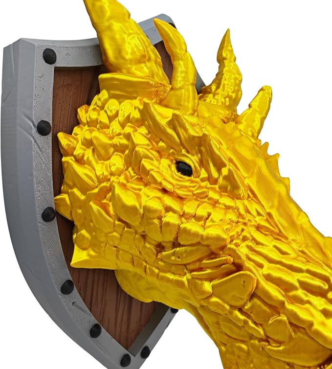 Dragon Head Trophy wall decoration - DND Decor - Ready for Painting - 3D Printed Fantasy Art - Gift for Gamers (Shiny Gold with Grey Shield)