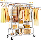 Clothes Rack With Storage Shelf, Heavy Duty Rolling Clothing Rack for Hanging Clothes, Double Rod Metal Garment Rack Load 630 LBS, Portable Wardrobe Racks with Wheels for Bedroom, Laundry Room