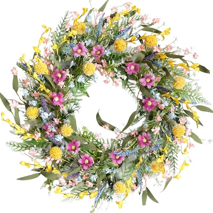 22" Spring Summer Wreath for Front Door - Colorful Wildflower Wreath with Lavender & Forsythia, Everyday Floral Wreaths for Front Door Outside, Spring Door Wreath for Indoor Home Decor