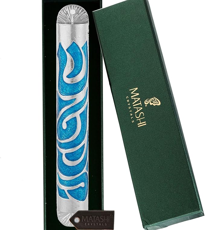 Matashi Hand Painted Blue Enamel 6 inch Mezuzah Embellished with Hebrew Shin Home Door Wall Decor Home Décor Jewish Holiday Housewarming Present House Blessing Gift for Holiday Festival