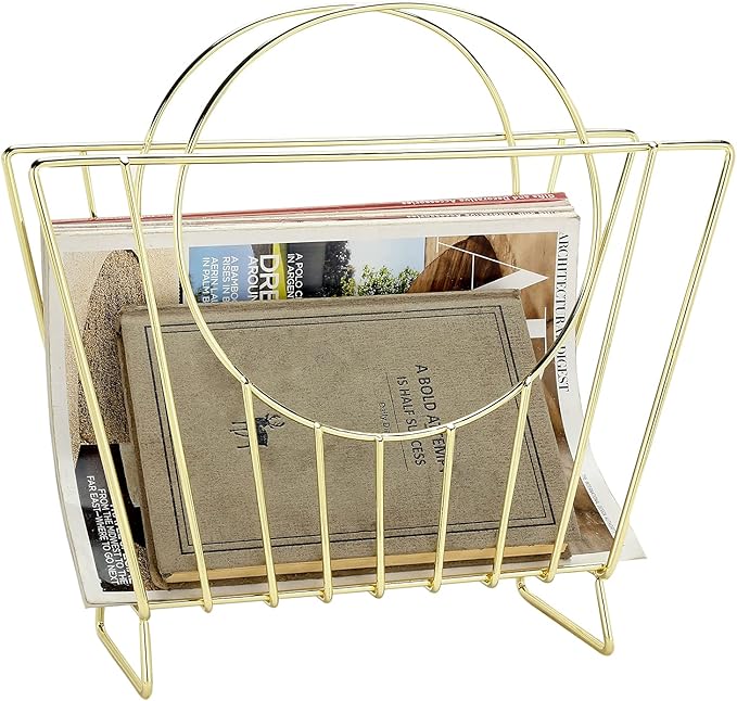 MyGift Mid-Century Brass Plated Metal Free Standing Magazine Holder Document File Rack with Decorative Bag Shaped Design