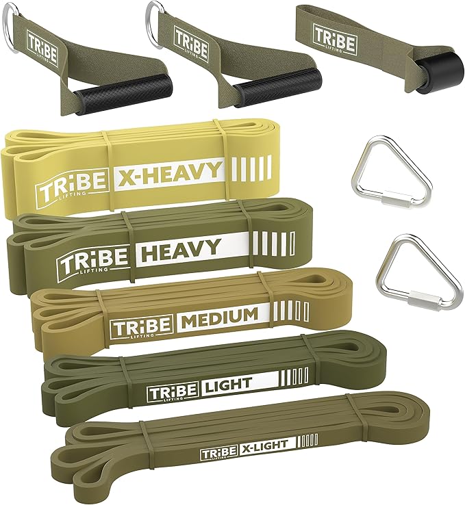 Tribe Lifting Resistance Bands for Working Out Men and Women - Set of 5 Pull Up Bands for Strength Training, Exercise Bands with Handles, Door Anchor and Bar Options for Home Gym
