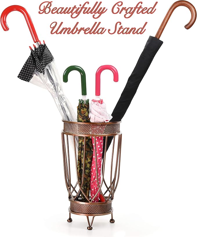 Dualplex Super Quality Umbrella Stand, Umbrella Holder, Antique Look Metal Entry Hallway Décor, Wallside Style w/Removable Drip Tray Home Office Decoration Rack Holds Umbrellas Canes Walking Stick