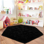 4x4.6 Feet Black Hexagon Rugs for Bedroom, Ultra Soft Fluffy Hexagon Area Rug for Kids Room, Cute Shag Rugs for Boys Girls Room, Fuzzy Plush Carpet for Tent Castle Home Decor