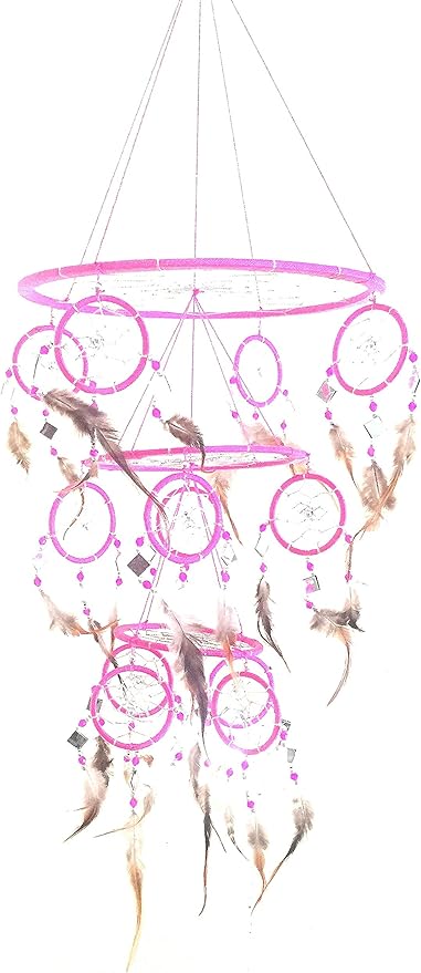 Pink Dream Catcher Traditional Dreamcatcher with Pink Feathers and Mosaic Glass, Hand Crafted 3D Design Triple Tier - X Large - 30" L X 10" Diameter