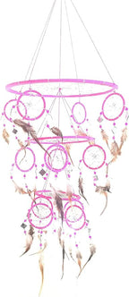 Pink Dream Catcher Traditional Dreamcatcher with Pink Feathers and Mosaic Glass, Hand Crafted 3D Design Triple Tier - X Large - 30" L X 10" Diameter