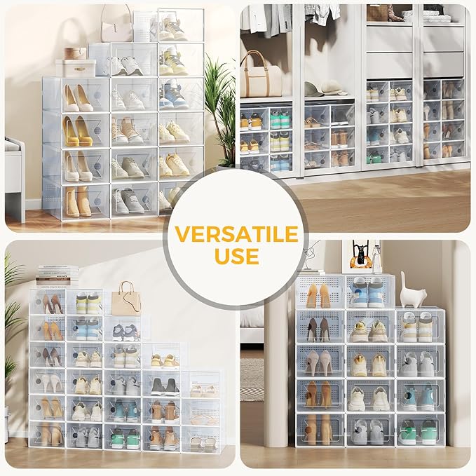 NEWBULIG 12 Pack Clear Shoe Storage Boxes, Shoe Organizer for Closet with Lid, Plastic Stackable Breathable Shoe Cabinet with Lid for Sneakers, Heels & Boots, White