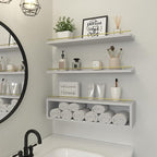 WOPITUES Floating Shelves for Wall 24 inch with Cube Shelf, Wall Shelves with Metal Rail for Decor, Bathroom Organizers and Storage, Over Toilet Shelves for Bathroom, Toilet Paper-White&Gold