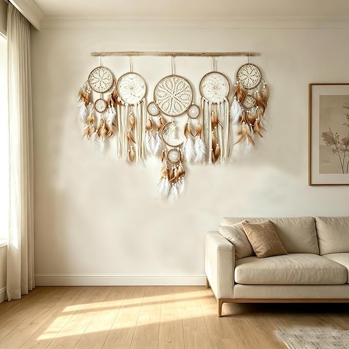 5 Pcs/Set Large Dream Catchers Boho Wall Decor Feather Handmade Traditional Dream Catcher Wall Hanging Decor for Kids Bedroom Adult Living Room Home Bohemian Decorations (Hemp Rope)