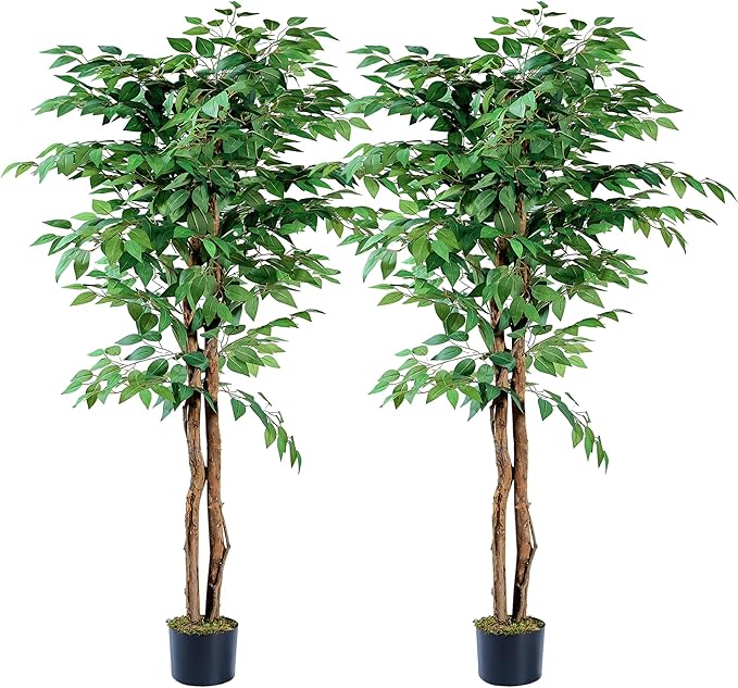 VECELO Artificial Ficus Tree with Sturdy Nursery Pot, 5FT Faux Silk Plant for Indoor Outdoor Home Garden Decor, 2 Pack