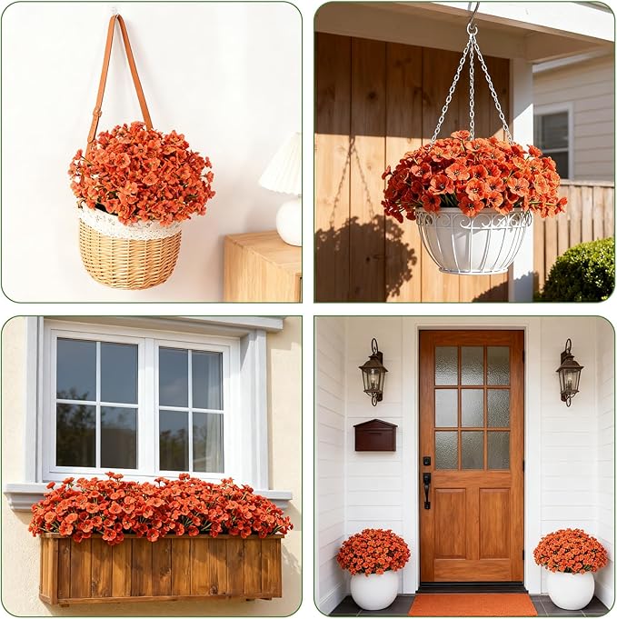 Artificial Fall Flowers for Outdoor Faux Plants for Spring Summer Decoration, UV Resistant Realistic Silk Plastic Fake Autumn Fall Flowers Garden Porch Patio Balcony Yard Front Home Decor, 24 Bundles