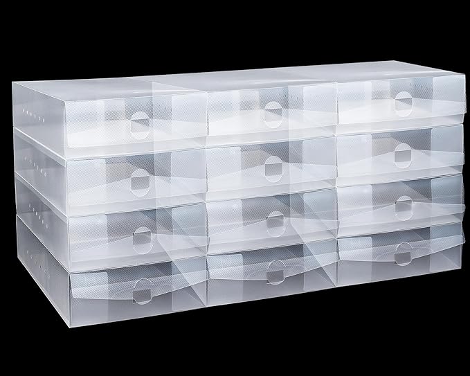 Shihanee 12 Pcs Boot Box Clear Plastic Stackable Shoe Storage Organizer Foldable Heavy Duty Shoe Containers for Closet Small Spaces Dorm Bedroom Apartments (13.4 x 8.3 x 5.1 Inches)