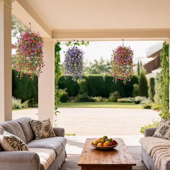 Artificial Hanging Flowers for Outdoors, 2 Pcs Fake Hanging Plant Spring Summer Decor, UV Resistant No Fade Realistic Faux Flower for Front Door Porch Planter Patio Garden Yard(Red Purple)