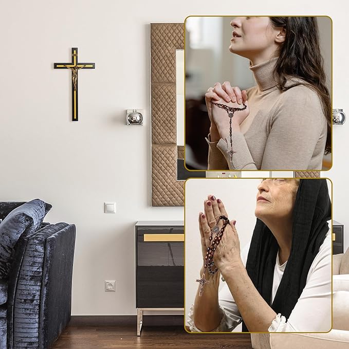 KUXBET 12 Inch Wall Crucifix With Wooden Cross Necklace, Catholic Wooden Jesus Christ Wall Hanging for Home Decor