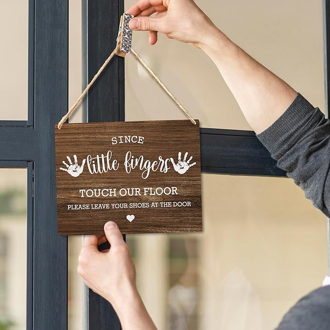 Wall Pediments Shoes Off Sign,Shoes Off Sign for Front Door,Since Little Fingers Touch Our Floor Door Sign,Shoes Off Hanging Welcome Sign for Front Door,6x12 Inches，Wood Grain-4