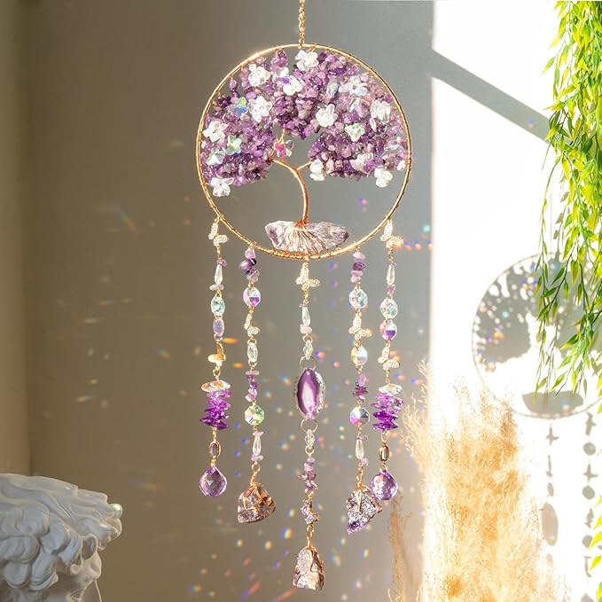 Amethyst Crystal Dream Catchers Purple Dream Catcher Wall Window Hangings Crystal Sun Catchers Prism Hanging Bedroom Home Decor Gifts for Girls Boys Adults