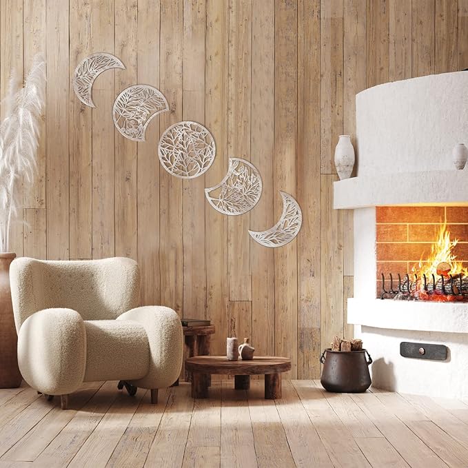 Jetec 5 Pcs Moon Phase Wall Art Decor Wall Pediments Hanging Wooden Phase Spiritual Bedroom Nordic Boho Lunar Aesthetic Art for Living Room Dorm Apartment Ornament(Vintage Color,10.6 Inch,Botanical)