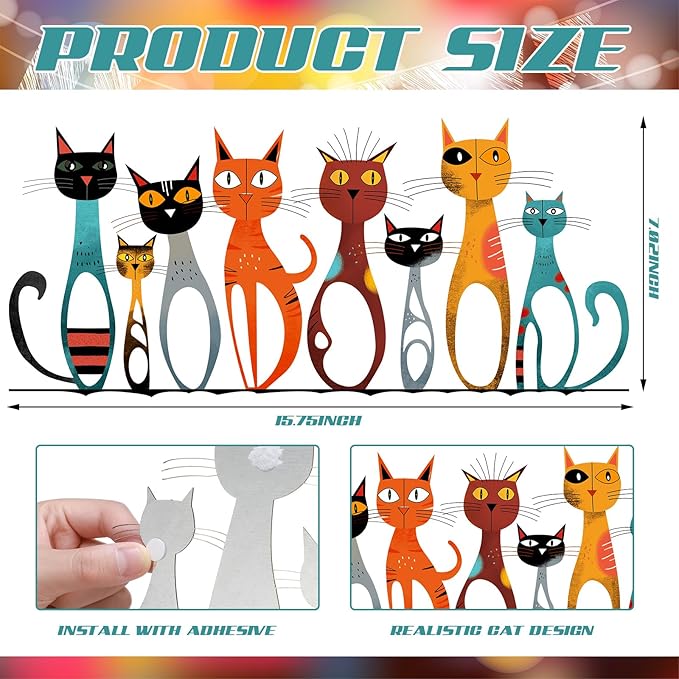 Wesiti Cat Wall Art Decor Iron Wall Sculptures Decor for Cats Lover 15.75 x 7.02 Inches Colorful Mid Century Cat Retro Signs for Home Living Room Bedroom Kitchen Office(Cute)