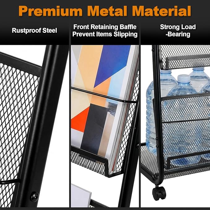 4-Tier Heavy Duty Magazine Display Rack School Furniture - Metal Brochure Holder with 4 Lockable Wheels, Detachable Literature Stand with Back Storage Floor Standing Rack (58.2" H×25" W)