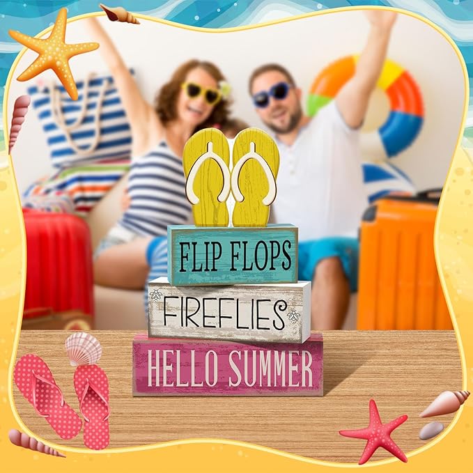 Yuntau 4 Pcs Summer Table Decorations Wooden Sign Flip Flops Table Centerpiece Summer Tiered Tray Decor Decorative Faux Book Stack Block for Coffee Fireplace Mantel Floating Shelf Hawaii