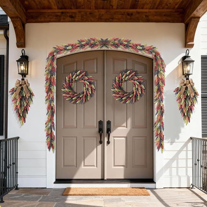 Glitzhome 28" Heather Teardrop, Spring Summer Artificial Swag Wreath for Front Door Wall Mantel and Window Decor